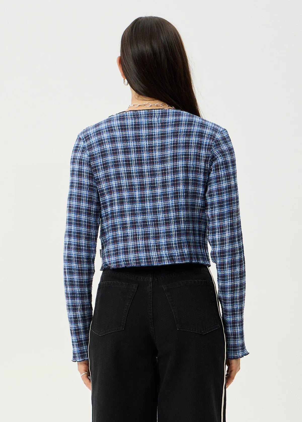 Mountains Hemp - Seersucker Long Sleeve Top - Navy Red Check