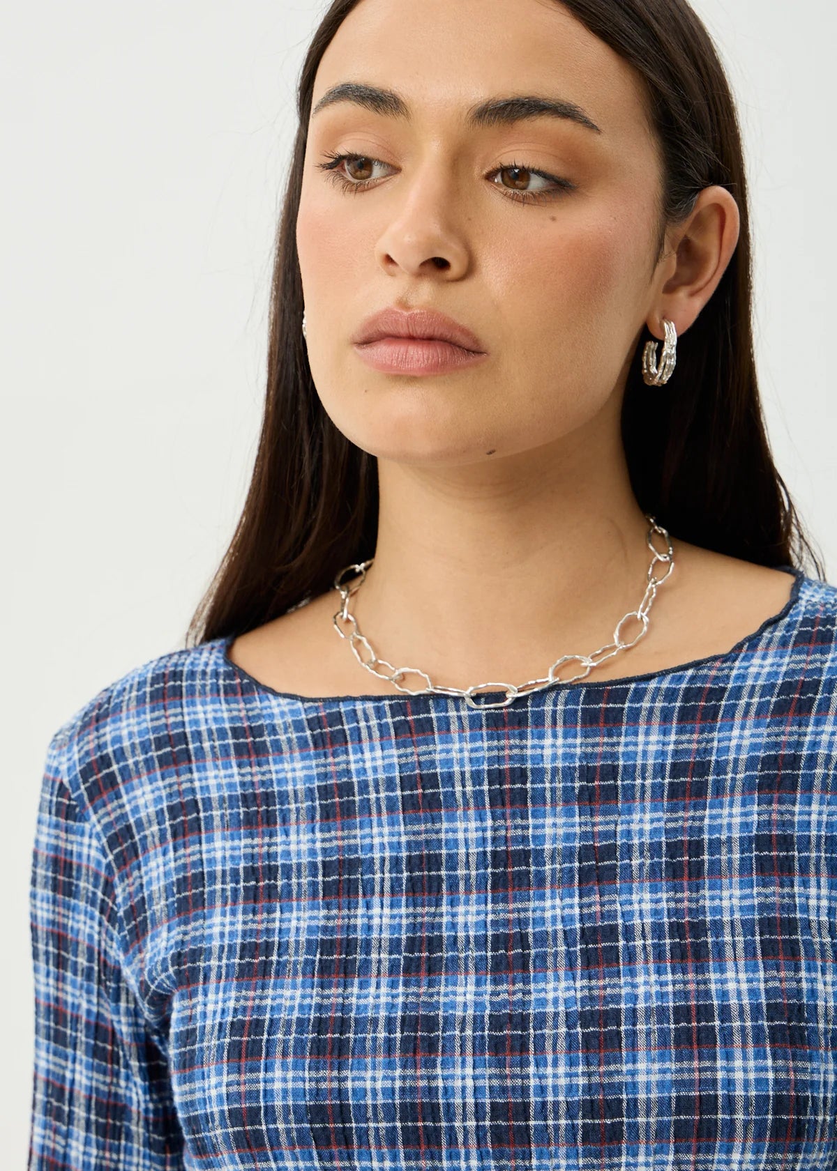 Mountains Hemp - Seersucker Long Sleeve Top - Navy Red Check