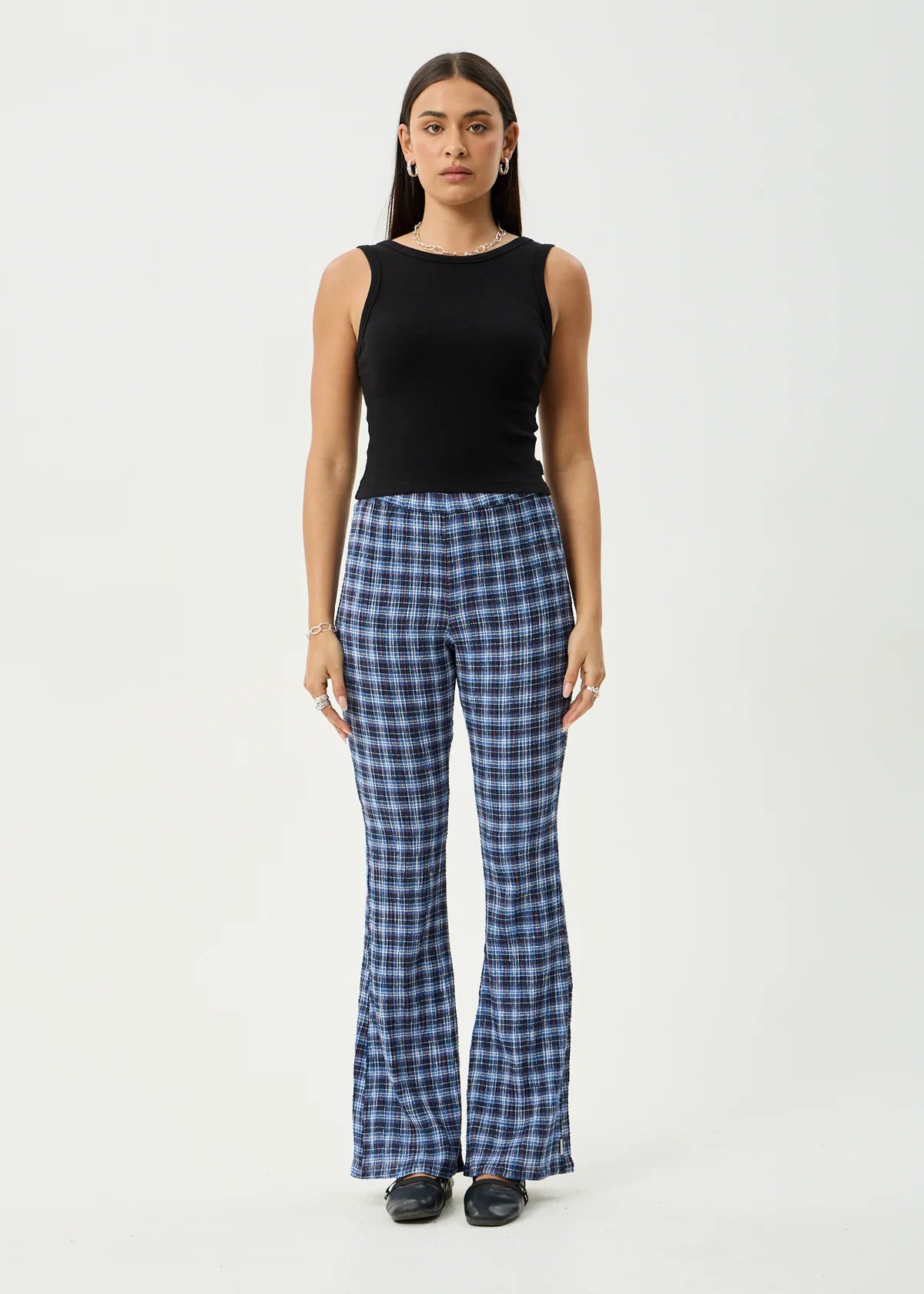 Mountains Hemp - Seersucker Flare Pant- Navy Red Check