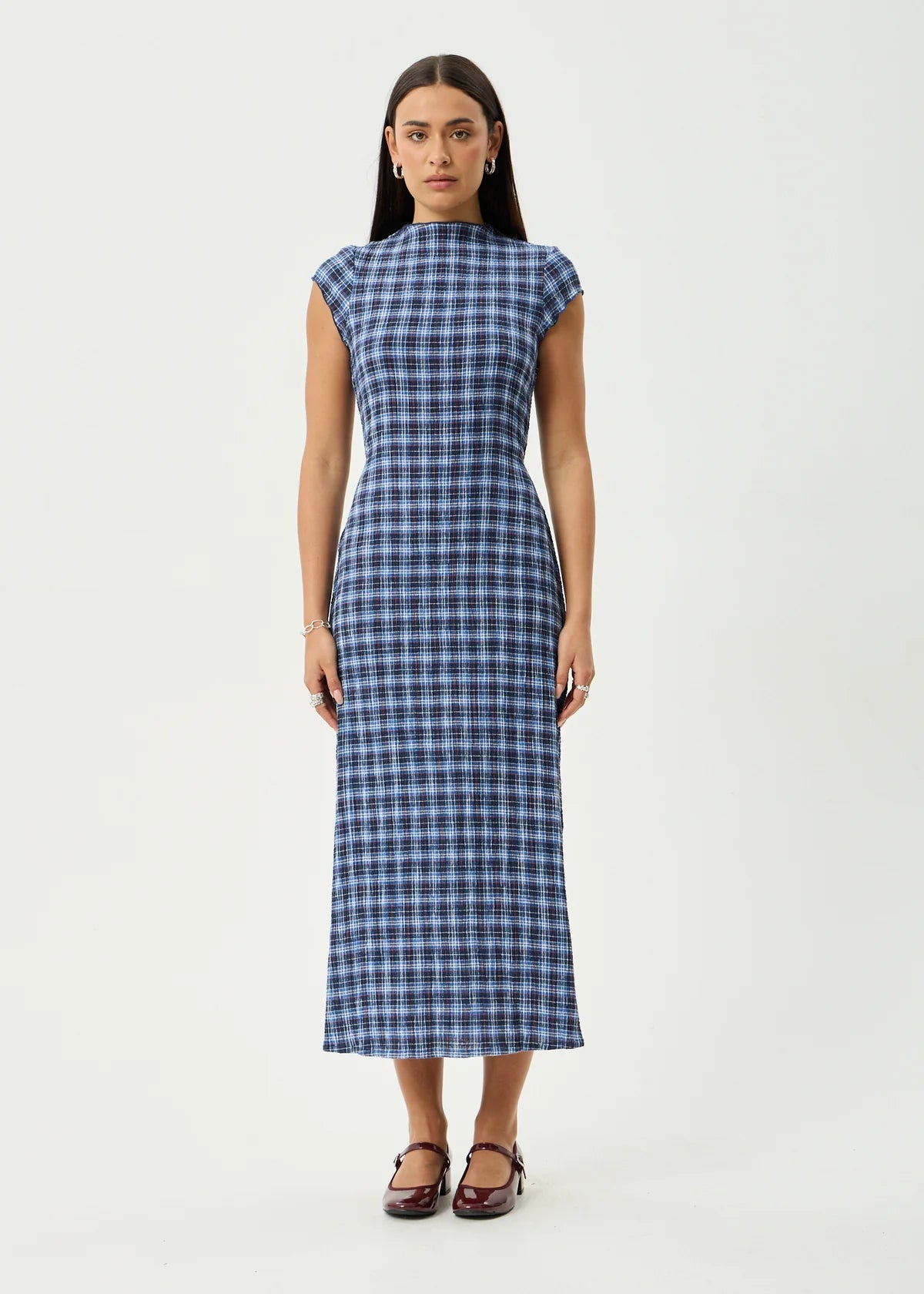 Mountains Hemp - Seersucker Midi Dress - Navy Red Check