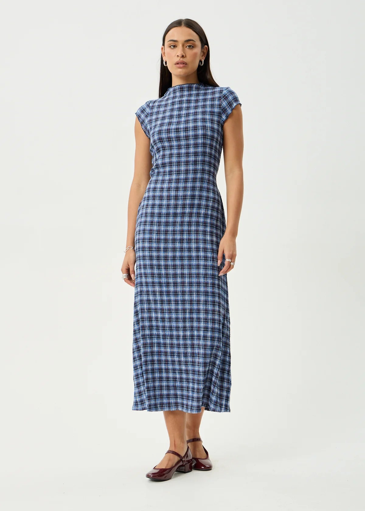 Mountains Hemp - Seersucker Midi Dress - Navy Red Check