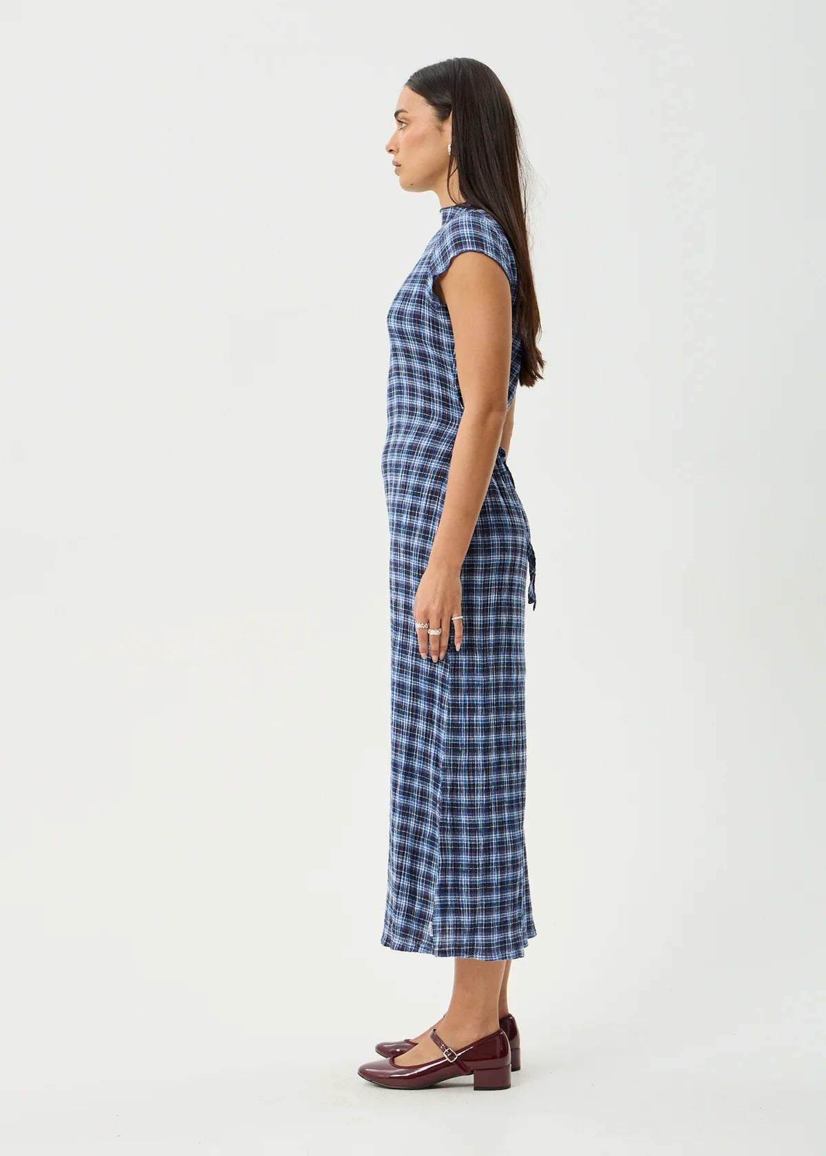 Mountains Hemp - Seersucker Midi Dress - Navy Red Check