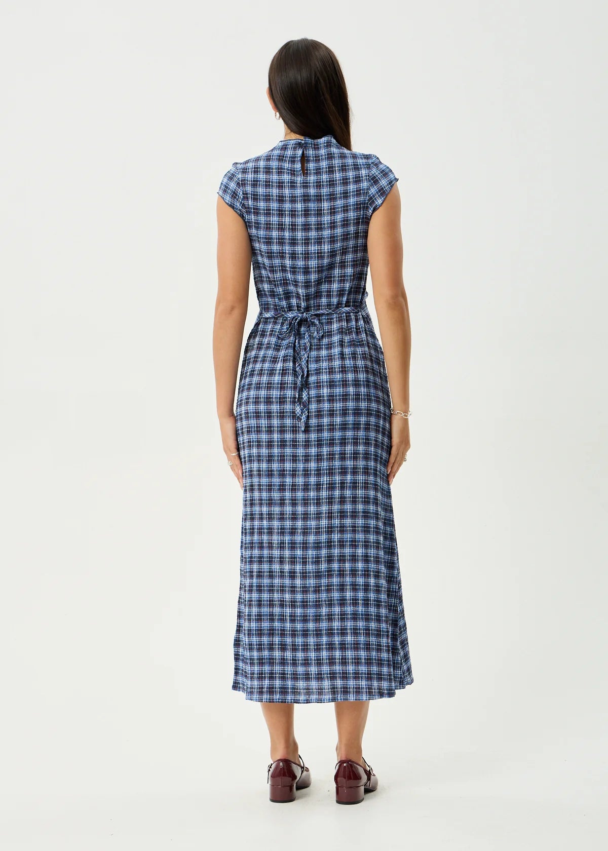 Mountains Hemp - Seersucker Midi Dress - Navy Red Check