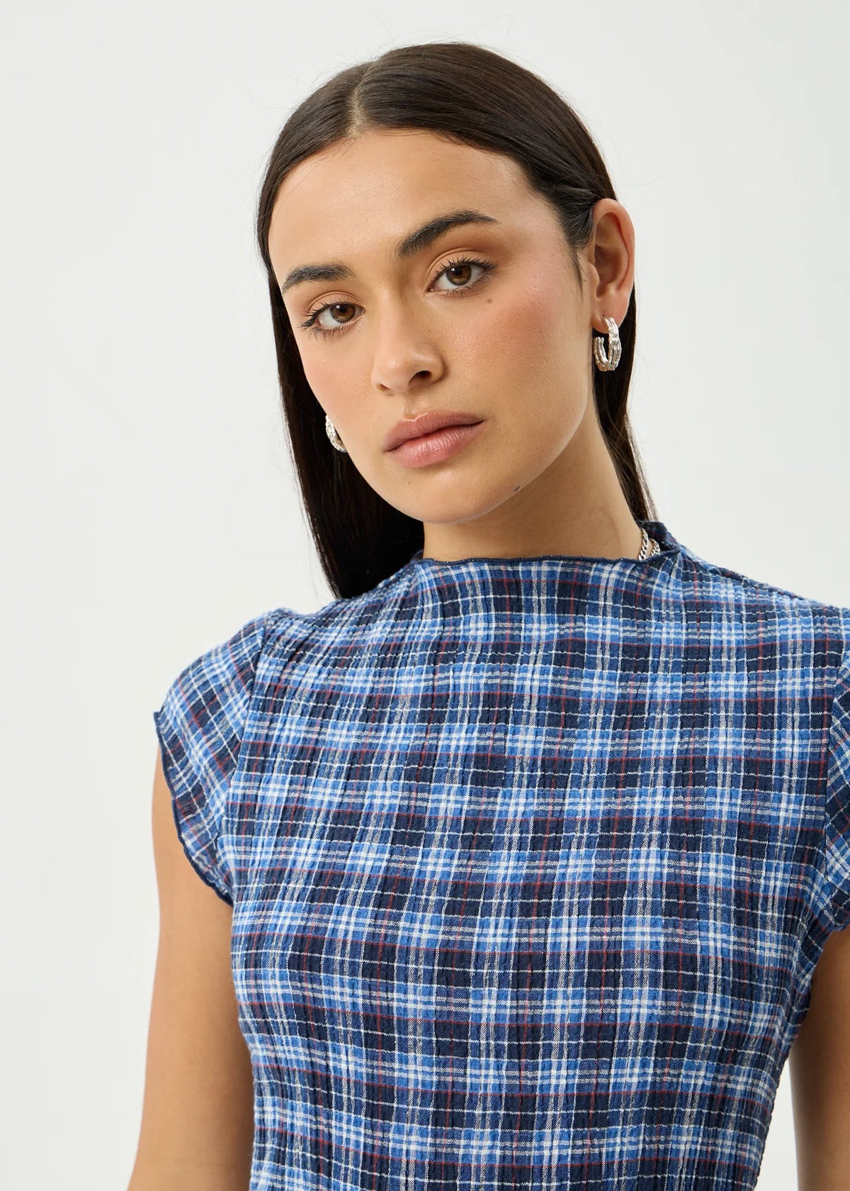 Mountains Hemp - Seersucker Midi Dress - Navy Red Check