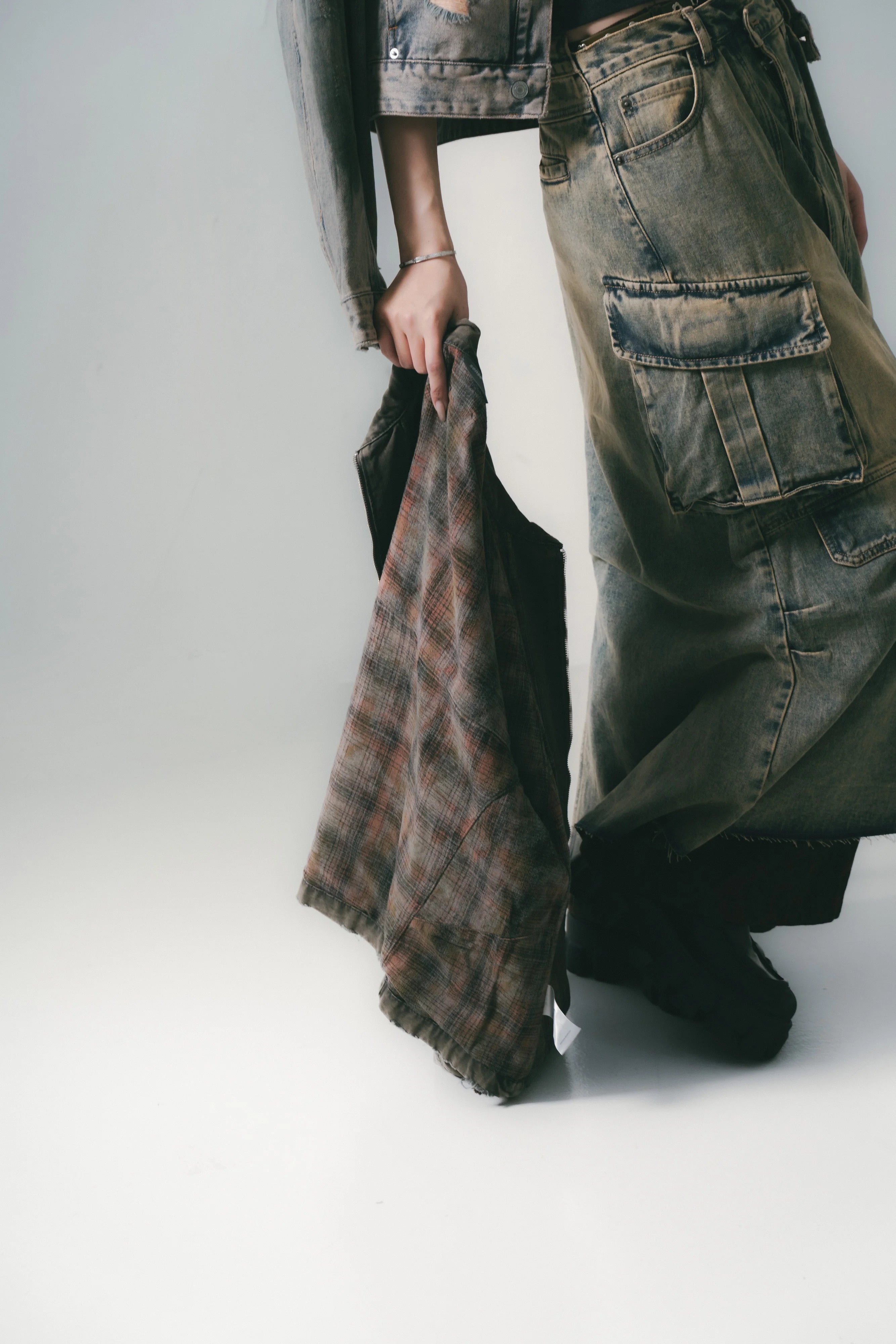 Sense Distressed Full Denim Skirt with Pockets