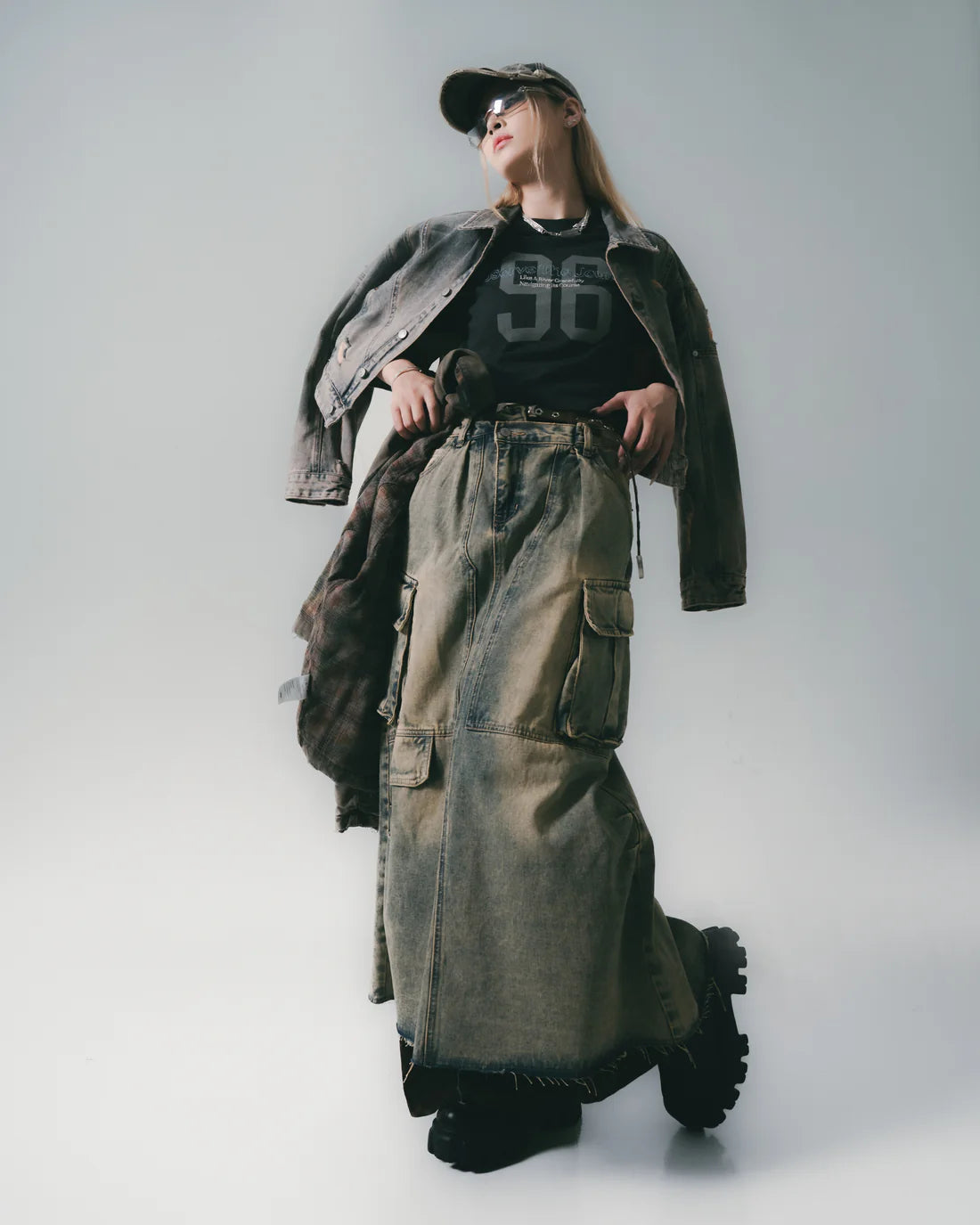 Sense Distressed Full Denim Skirt with Pockets