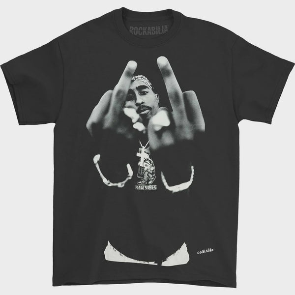 Tupac Black and White Middle Finger Black Tee