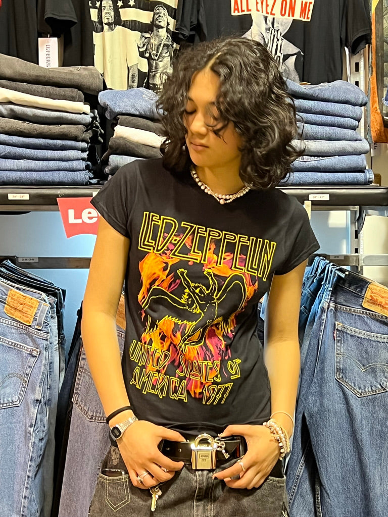 Led Zeppelin Black Flames Womens Black Tee